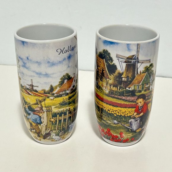 Set 2 Tall Holland Cup Mug Children Windmill Tulips 4.5" All Dutch by TS Holland - Picture 5 of 16